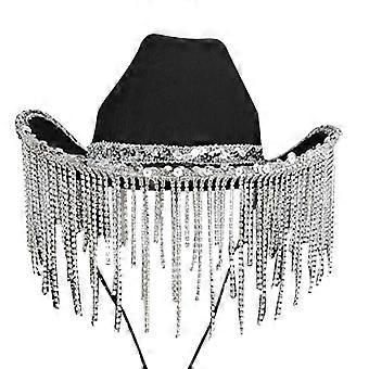 Cowboy Hat with Sequins Rhinestones Fringe Glitter Cowgirl Hat 23" Hat Circumference Fit for Adults Women Three Color White
