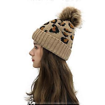 Women's Autumn/Winter Leopard Print Rolled Brim Pom-Pom Knit Hat, Fashionable Warm Wool Hat, Camel Color - One Size Fits All2815