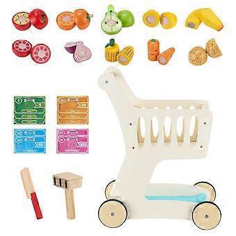 Shopping Cart for Kids, Wooden, Toy Shopping Cart with Extra Storage, Realistic Play Food and Scanner, Grocery Store Pretend