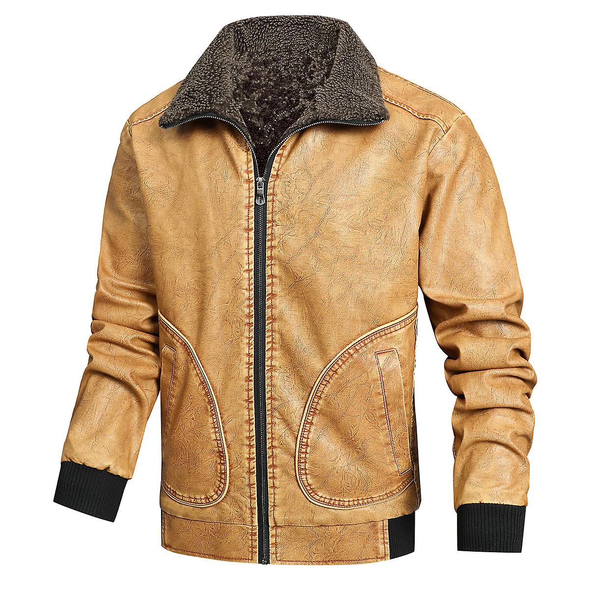Cloudstyle Men's Winter Warm Fur Collar Thickened Bomber Leather Jacket