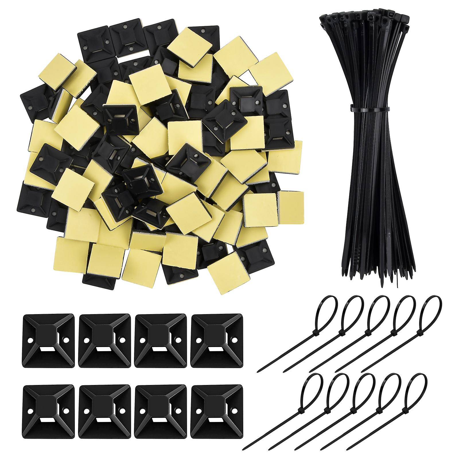 100pcs Cable Ties+adhesive Mount Base For Cable Management