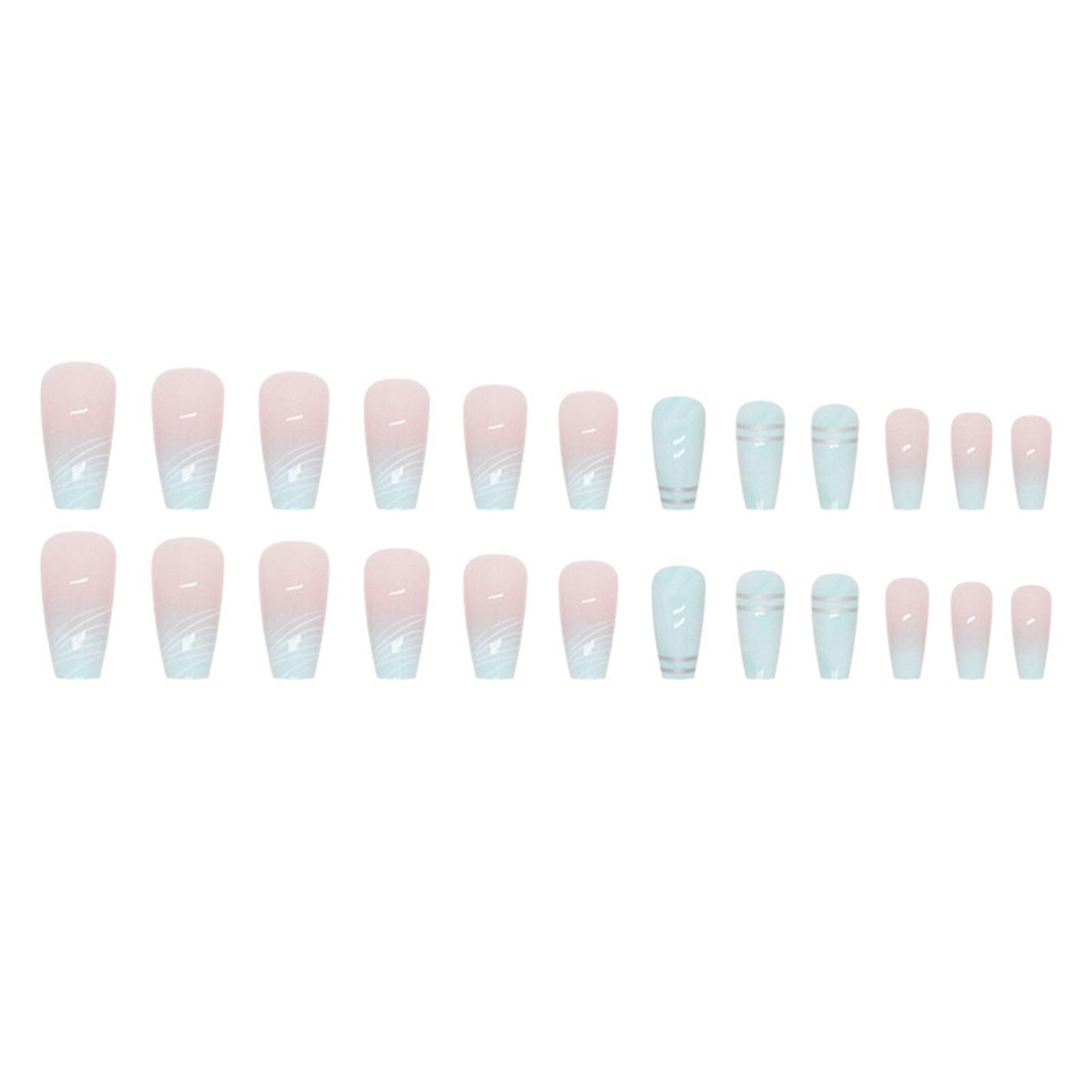 Gradient Green Fake Nails With Silver Line Printed Durable & Never Splitting Com