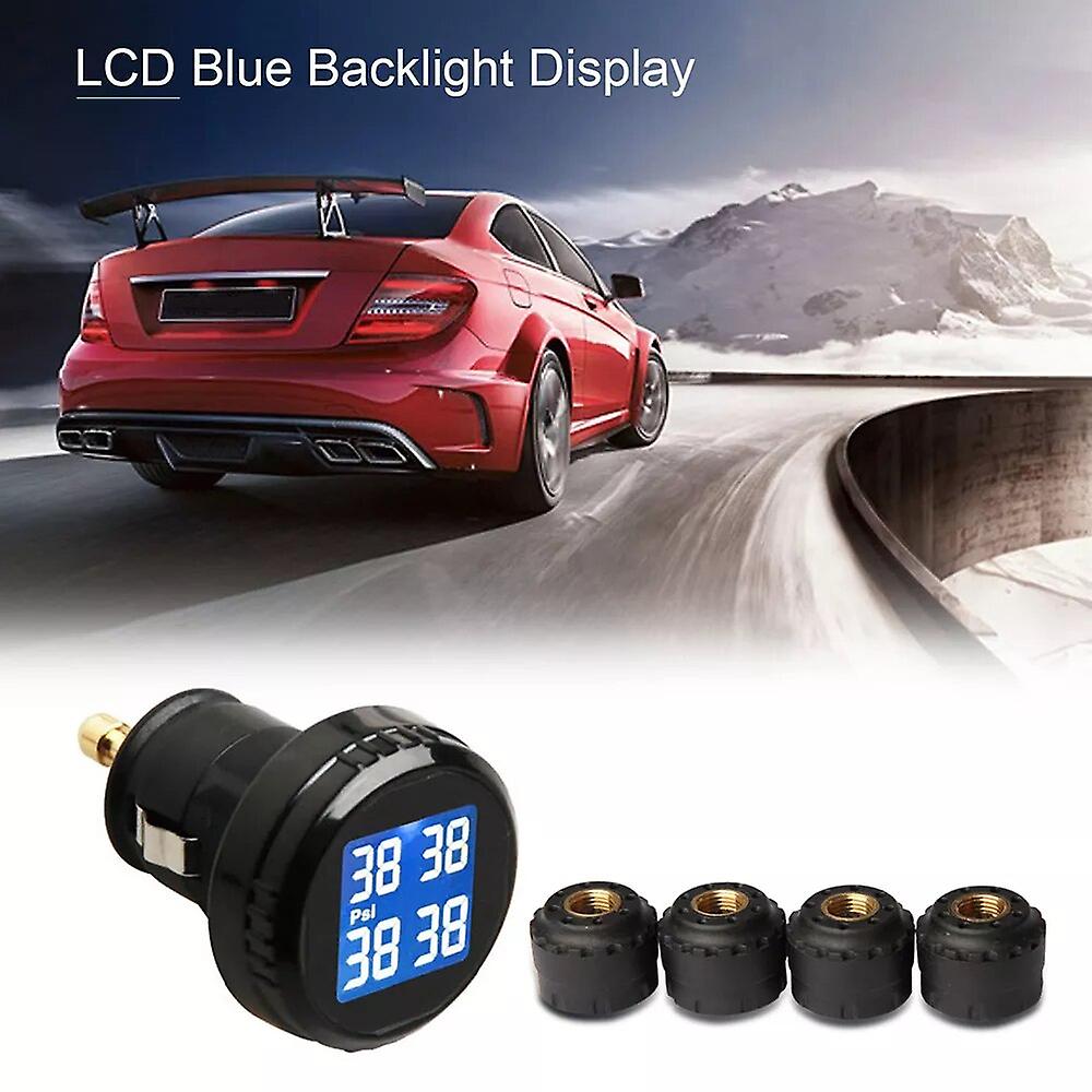 Tire Pressure Monitor With 4 External Cap Sensors Wireless Pressure Monitoring System Tpms Cigarette Lighter Plug Lcd Display