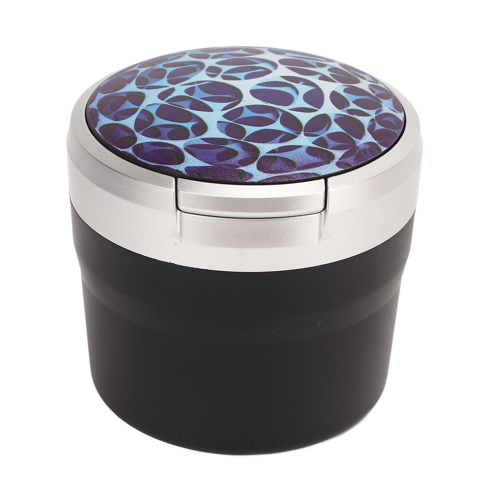 Mini Silver Edge Portable Car Ashtray Fireproof Smokeless with LED Light and Lid Blue Print