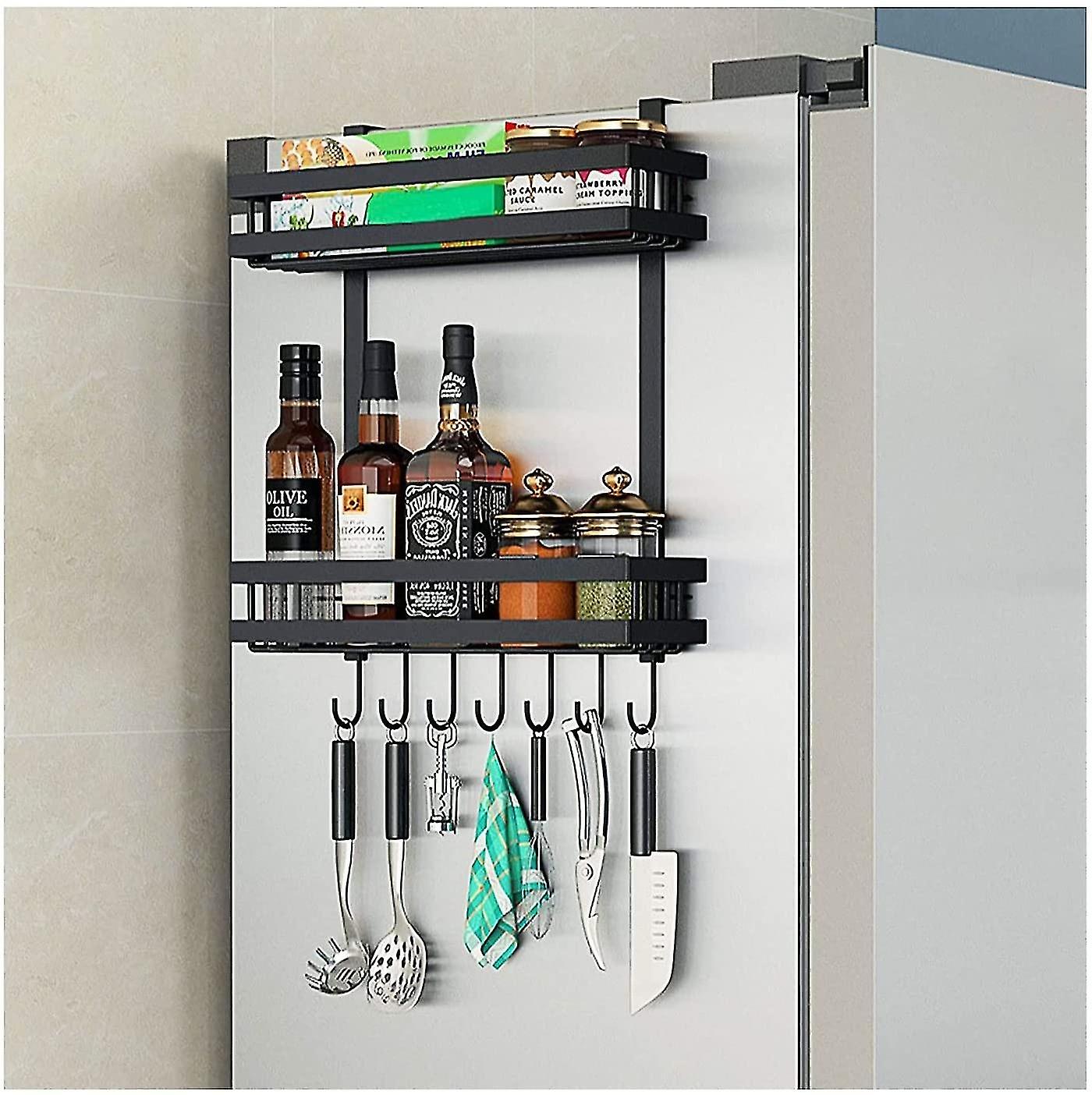 Refrigerator rack, kitchen cabinet storage refrigerator spice rack, 2-tier spice rack with 7 hooks, 