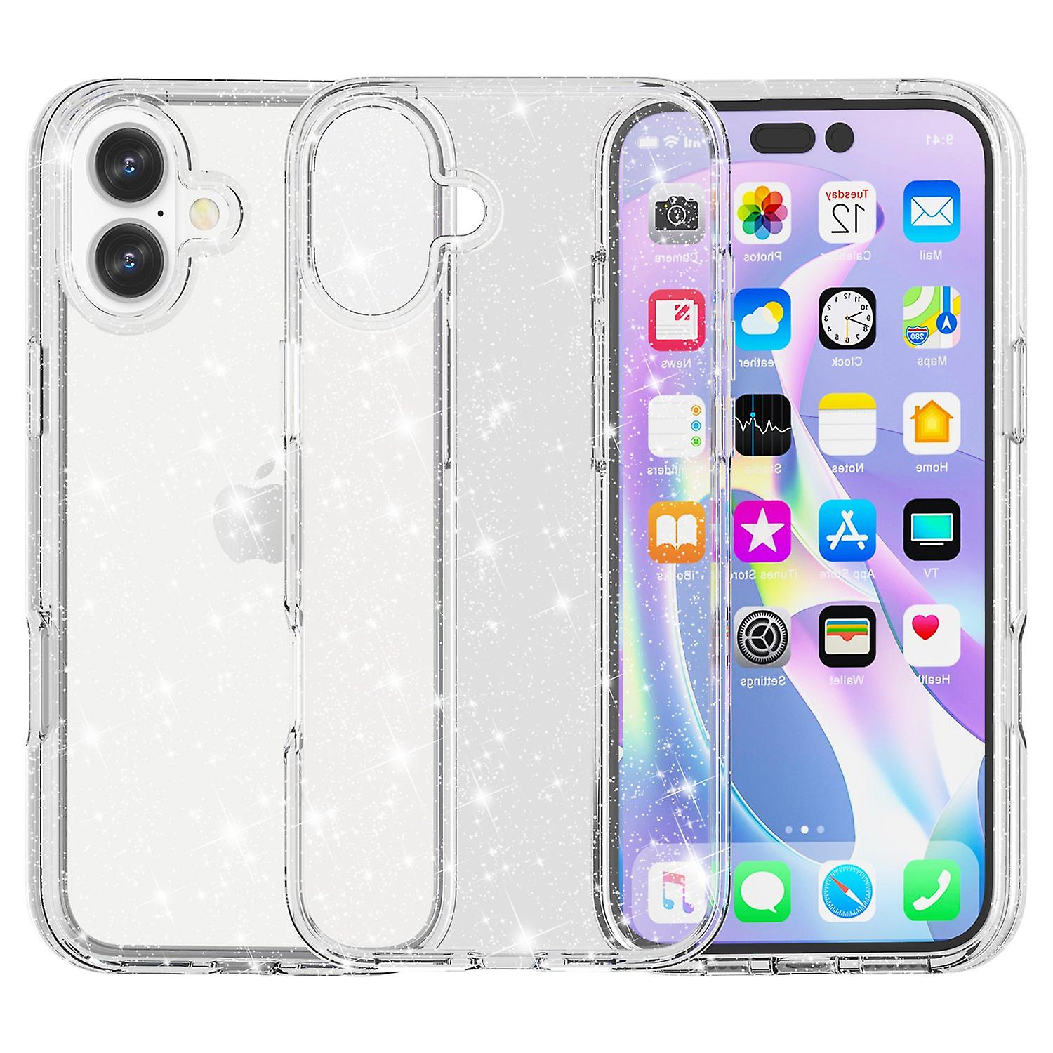 For iPhone 16 Plus Case Sparkly Glitter PC+TPU Phone Cover - White
