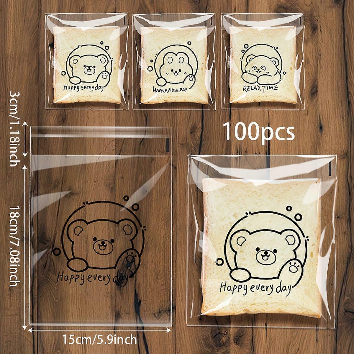 100pcs, Self-sealing Transparent Self-adhesive Bread Packaging Bags Cute Cartoon Red Bean Paste Baking Sliced Toast Whole Wheat European Bag, Biscuit