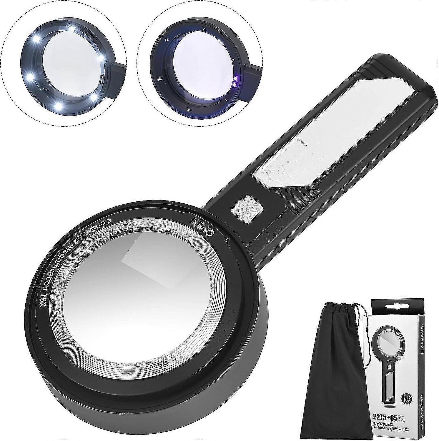 15x Magnifying Glass, Reading Magnifying Glass with 6 LED & 2 UV Light, Battery Operated Handheld Illuminated Magnifying Glass with Dual Lens for Elde