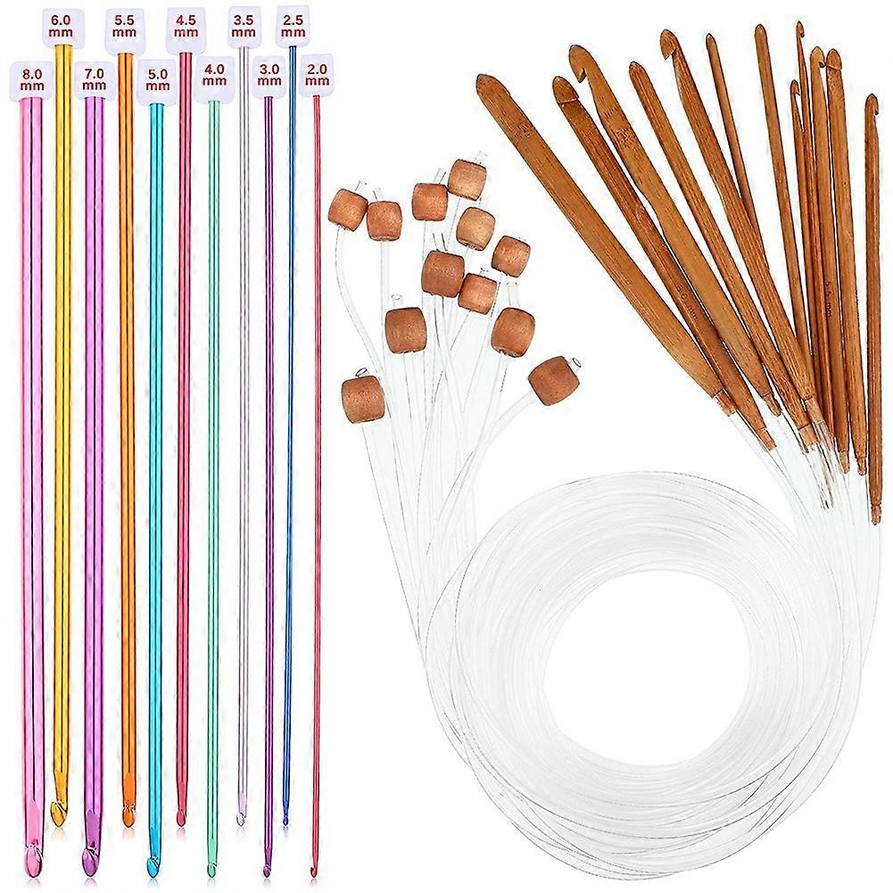 23 Pieces Tunisian Crochet Hooks Set 3-10 mm Cable Bamboo Knitting Needle with Bead Carbonized Bamb