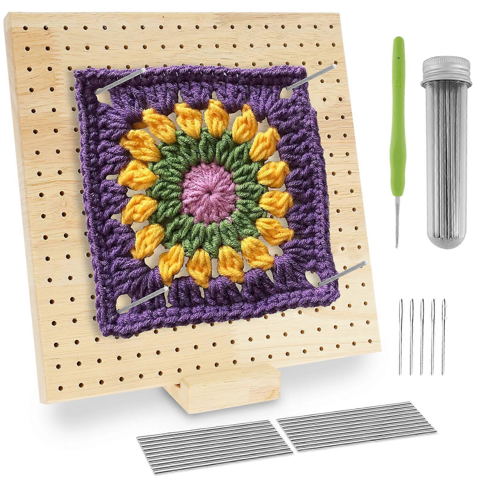 Wooden Crochet Blocking Board Kit Granny Square Knitting Blocking Mat Set with Base for Beginner Knitting Lover DIY Crafting