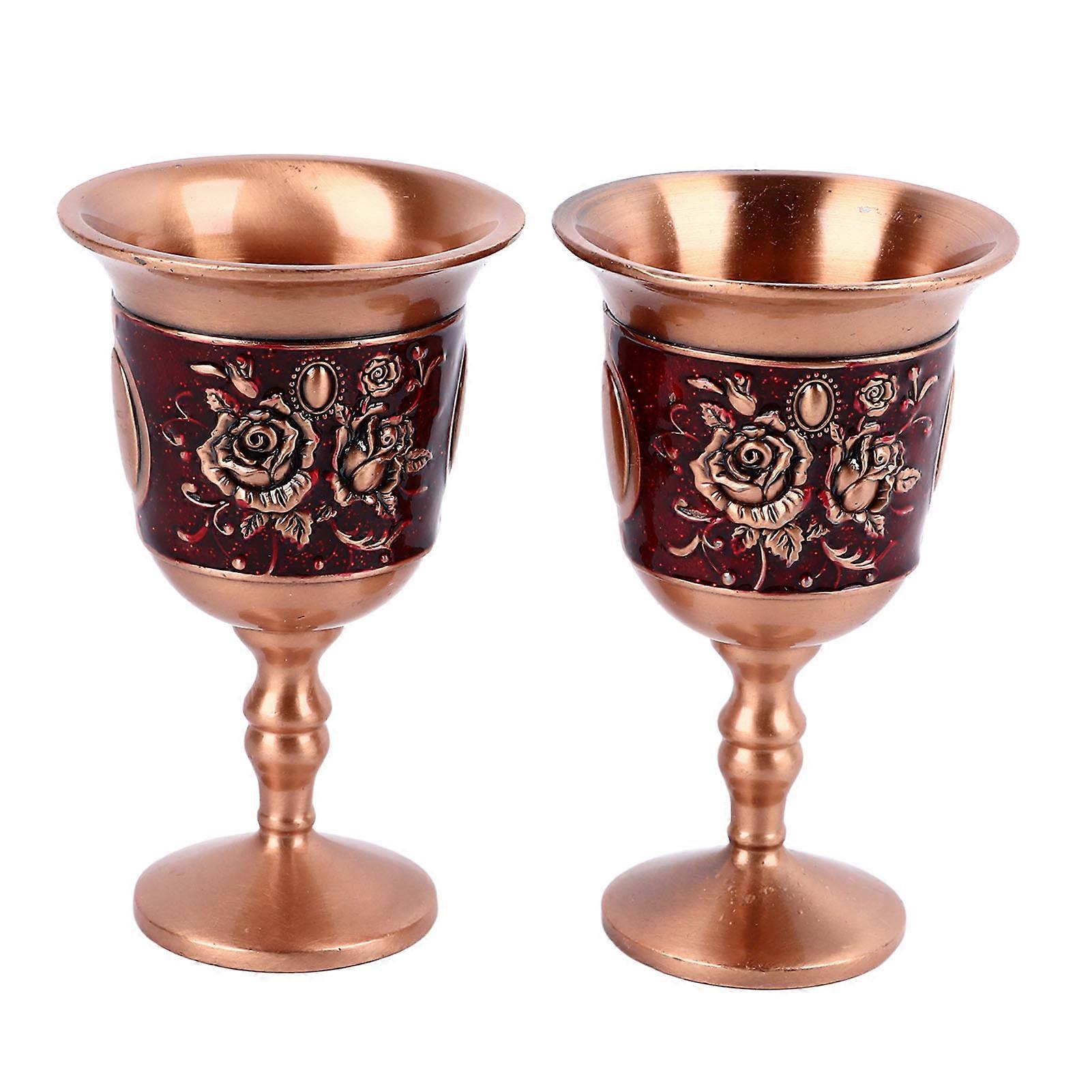 Vintage Metal Wine Glass Embossed Decorative Retro Metal Goblets for Home Bar 2pcs Rose Gold (Red Background)