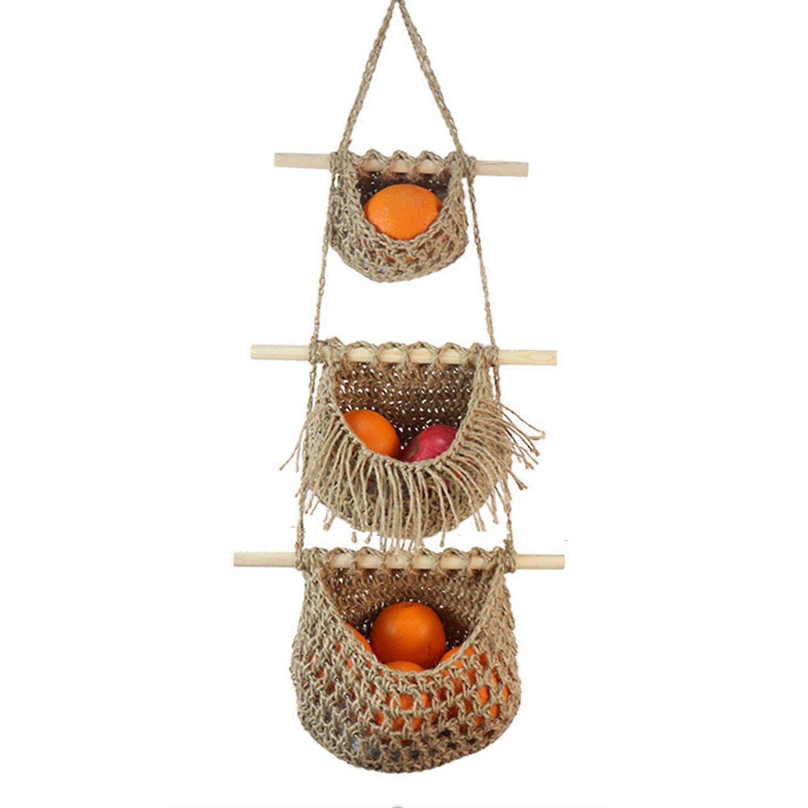 3-Layer Wall Hanging Fruit Basket Stylish Detachable Net Storage Bag for Kitchen