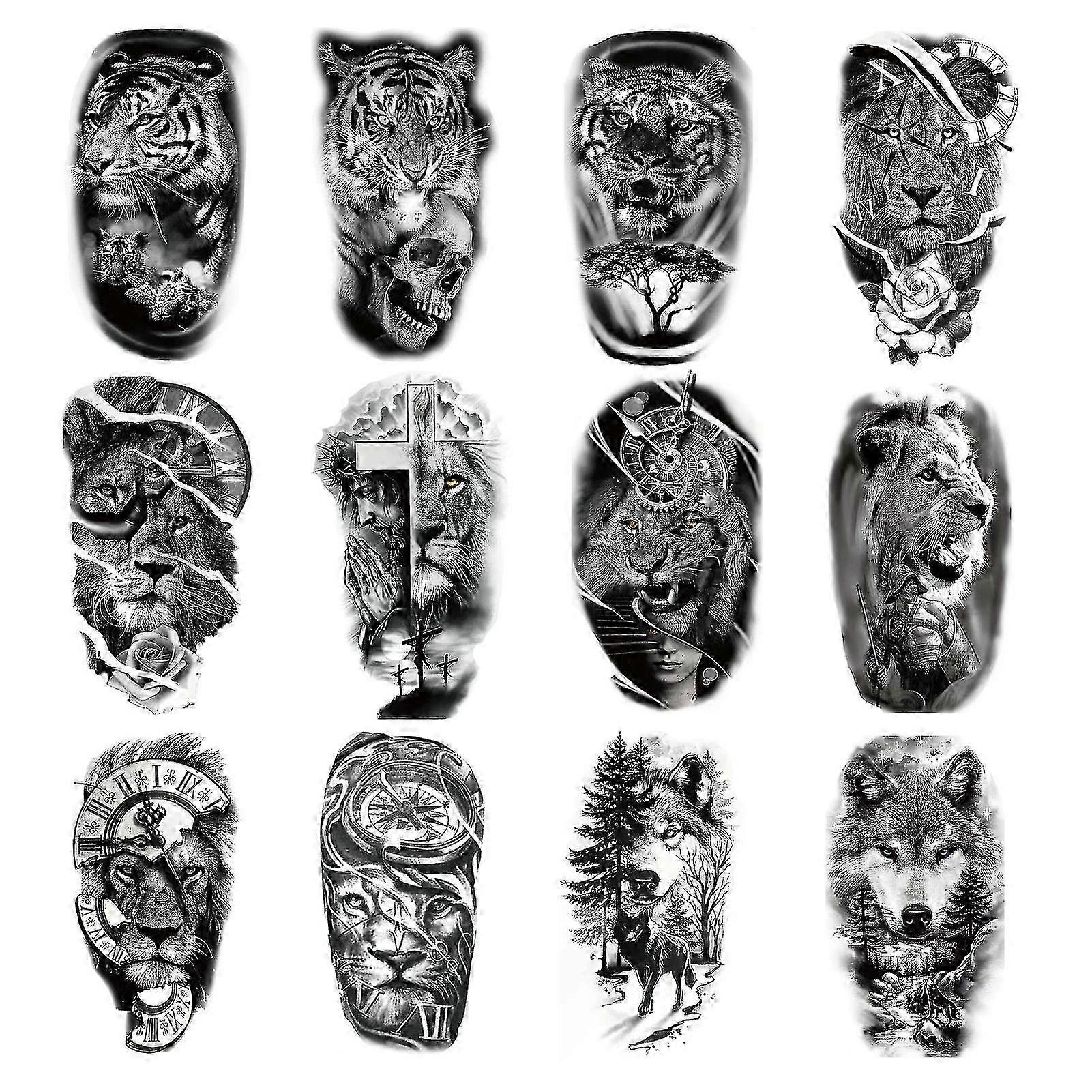 12pcs/set Tattoo Stickers Realistic Lion Tiger Wolf Waterproof Body Art Animal Temporary Tattoo For Arm Qinhai