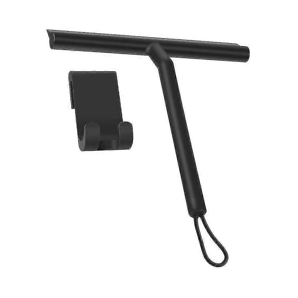 Silicone Shower Squeegee With Hook & Lanyard, Black Window Glass Scraper, Mirror Screen Wiper