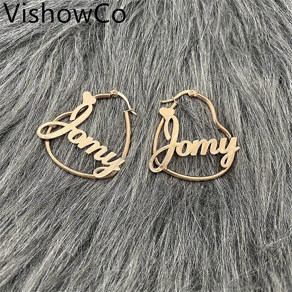 VishowCo Custom Name Earrings Personalized Stainless Steel Custom Round Nameplate Heart-Shaped Earrings For Women's Best Friends