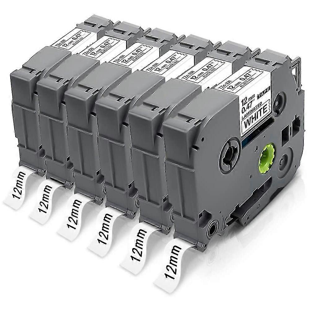 6 Pcs 12mm 0.47 White Tape Black Ribbon on White Background Printer Label Tape Compatible with Brot