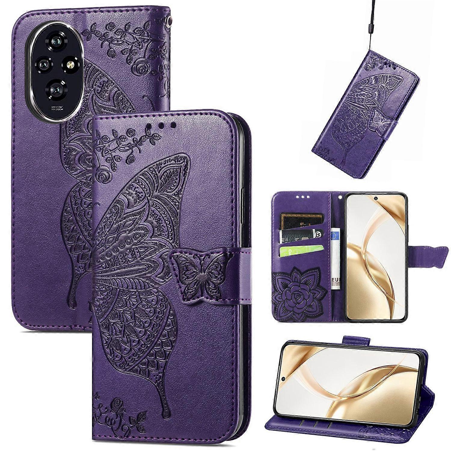 For Honor 200 Faux Leather Wallet Case Design Butterfly Cover Purple