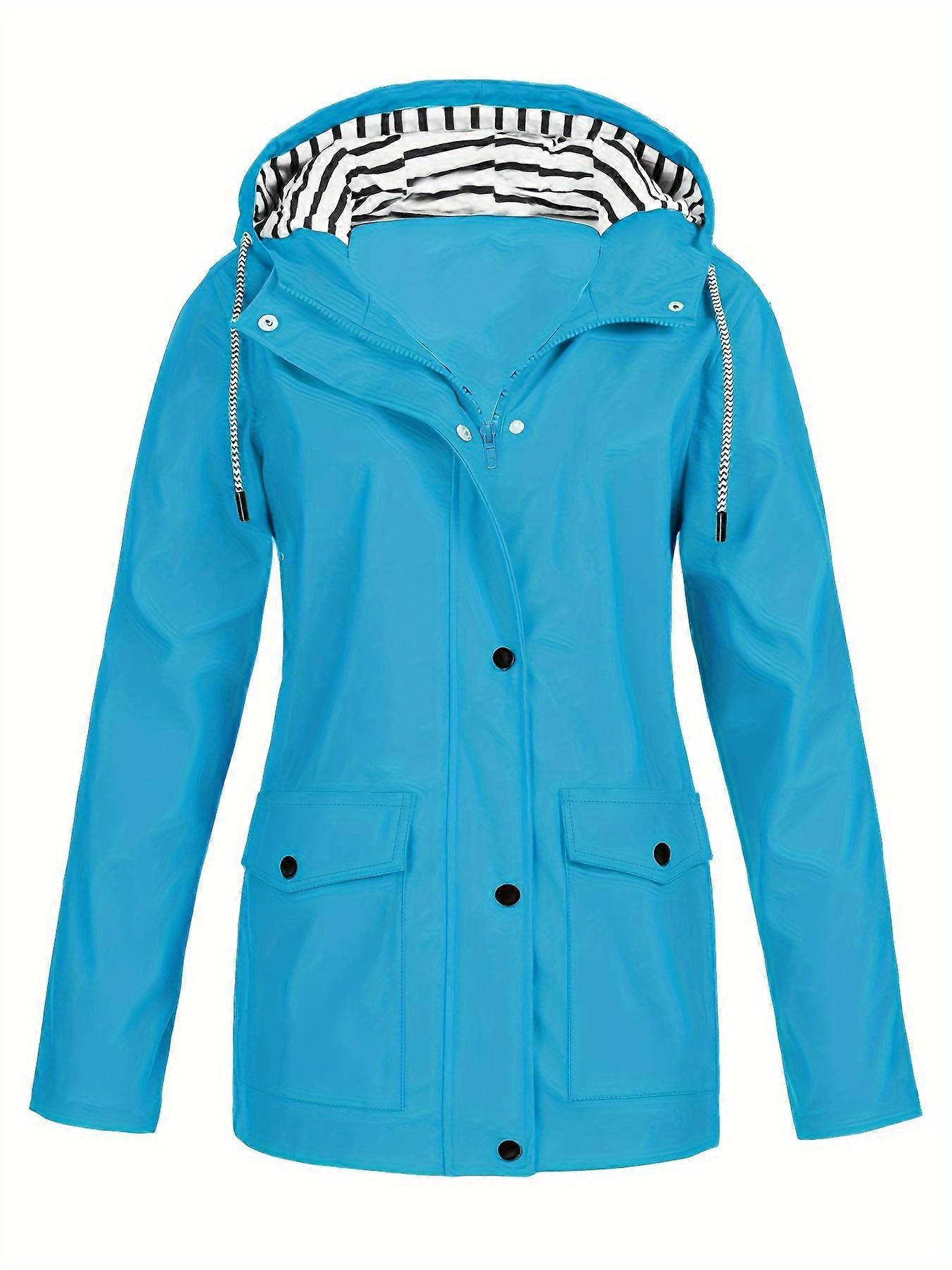 New style Plus Size Sporty Coat, Women's Plus Solid Long Sleeve Hooded Drawstring Zip Up Snap Button Waterproof Sportswear Coat With Flap Pockets