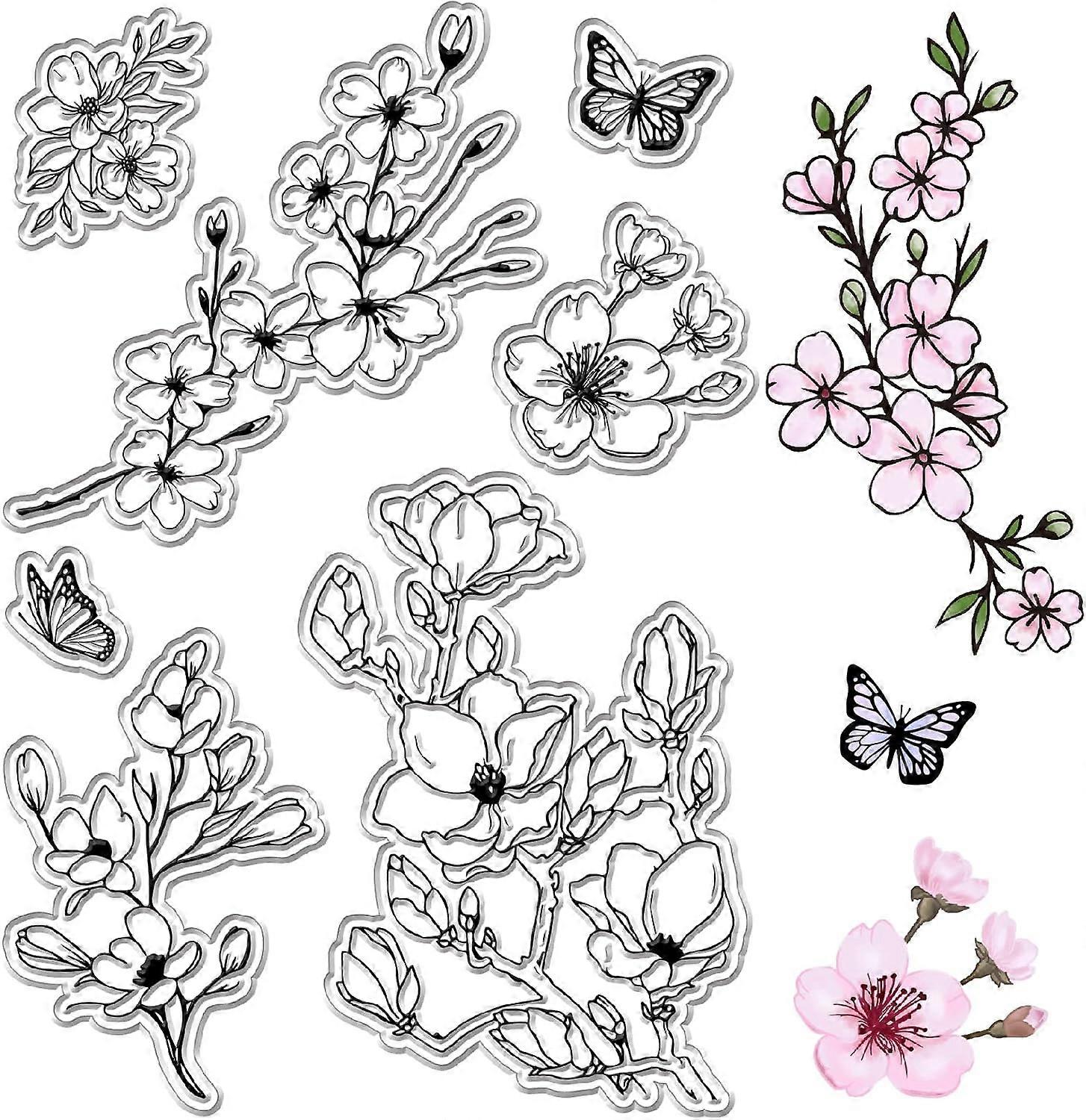 Cherry Blossom Butterfly Clear Rubber Stamps Spring Flowers Floral Reusable Transparent Silicone Stamp Seals Vintage for Journaling Card Making Decor