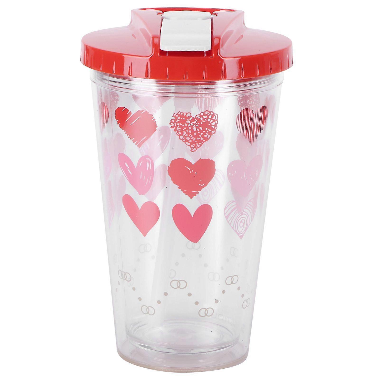 Double Layer Water Cup Innovative Cute Portable Mug with Straw for Home Office Use(Red Heart 450ml)