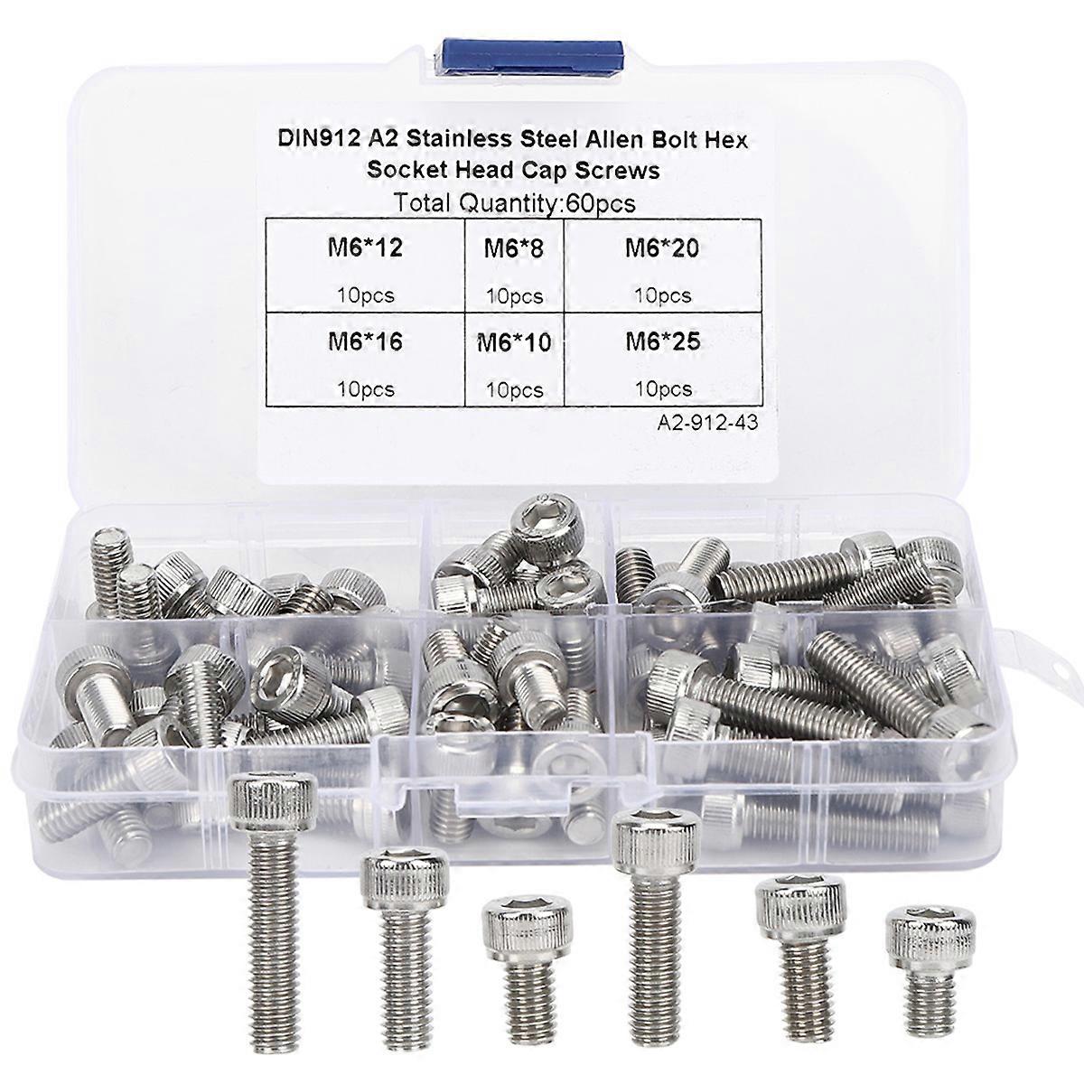 60PCS M6 Pan Head Screw Stainless Steel Stove Bolt of Different Sizes Hexagonal Head of Bolts and Nuts Set with Plastic Box