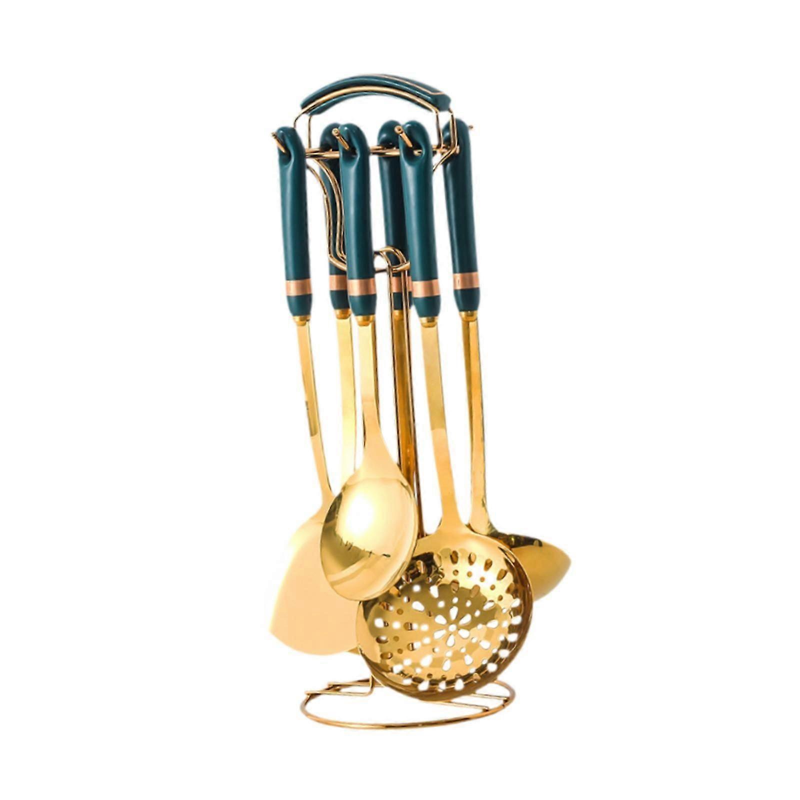 7x Conjunto de Utensílios de Cozinha Espátula com Fenda Servidor de Massa Colher Grande com Suporte verde