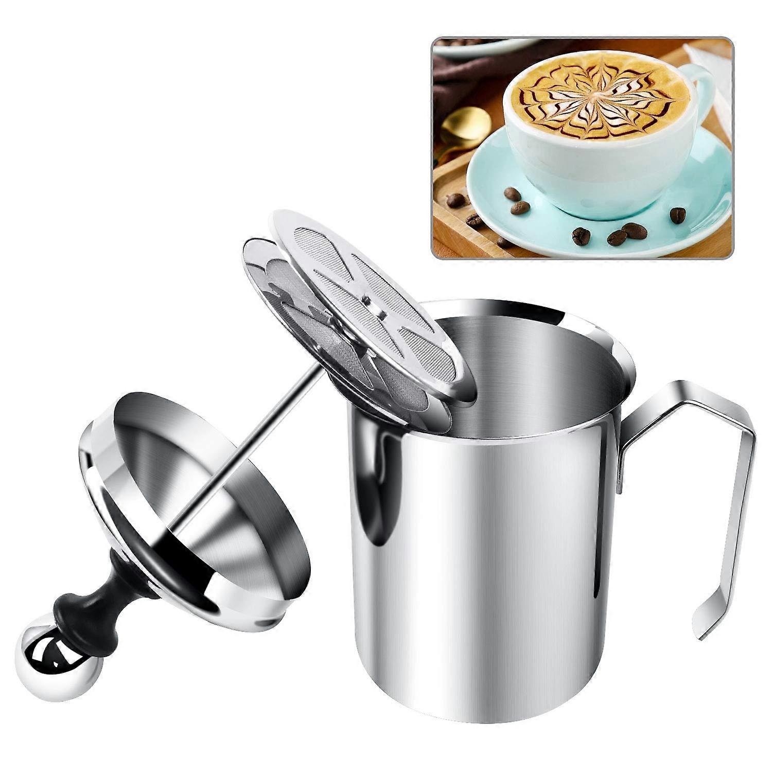 Manual Milk Frother Pitcher with Double Mesh Screen, Hand Pump for Cappuccino, Latte & Coffee Foam, 17-Ounce