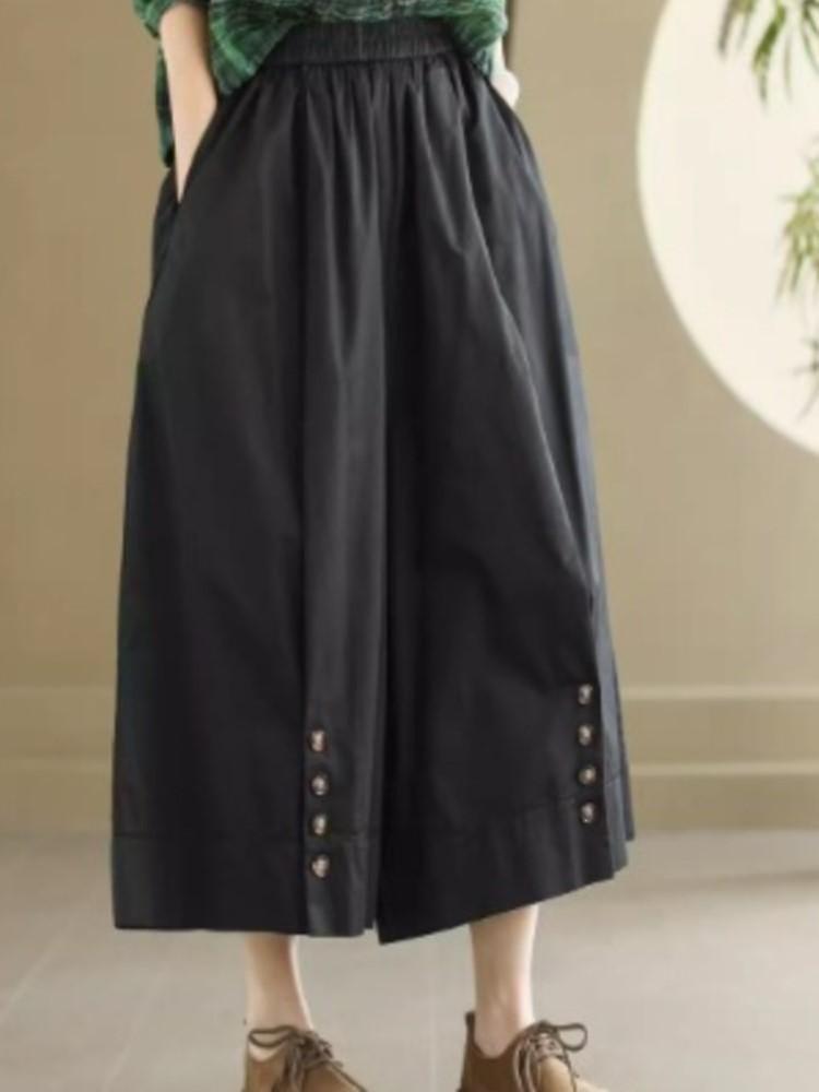 Johnature Women Vintage Solid Color Wide Leg Pants Elastic Waist Loose Spring Trousers Casual Patchwork Button Pants
