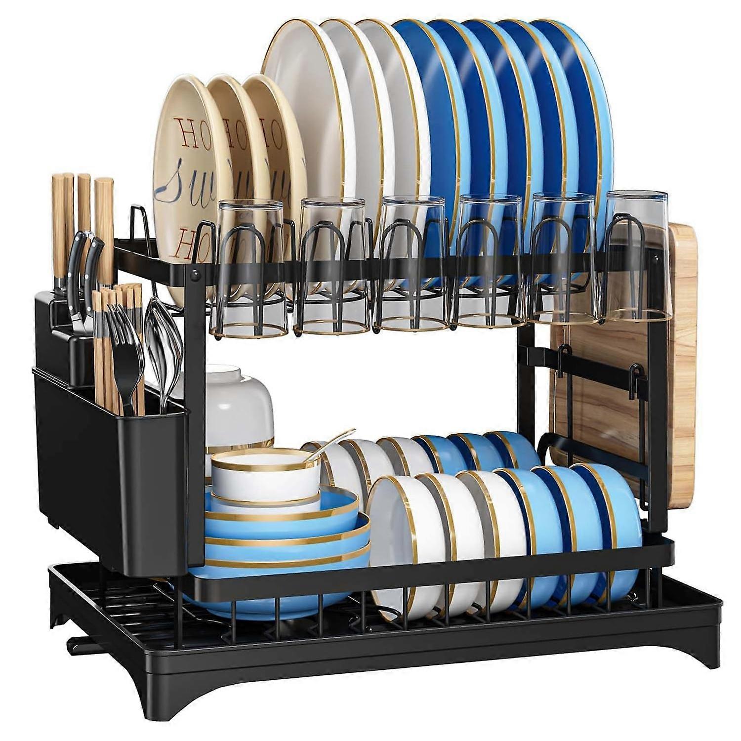 Large Capacity 2 Tier Black Dish Drying Rack