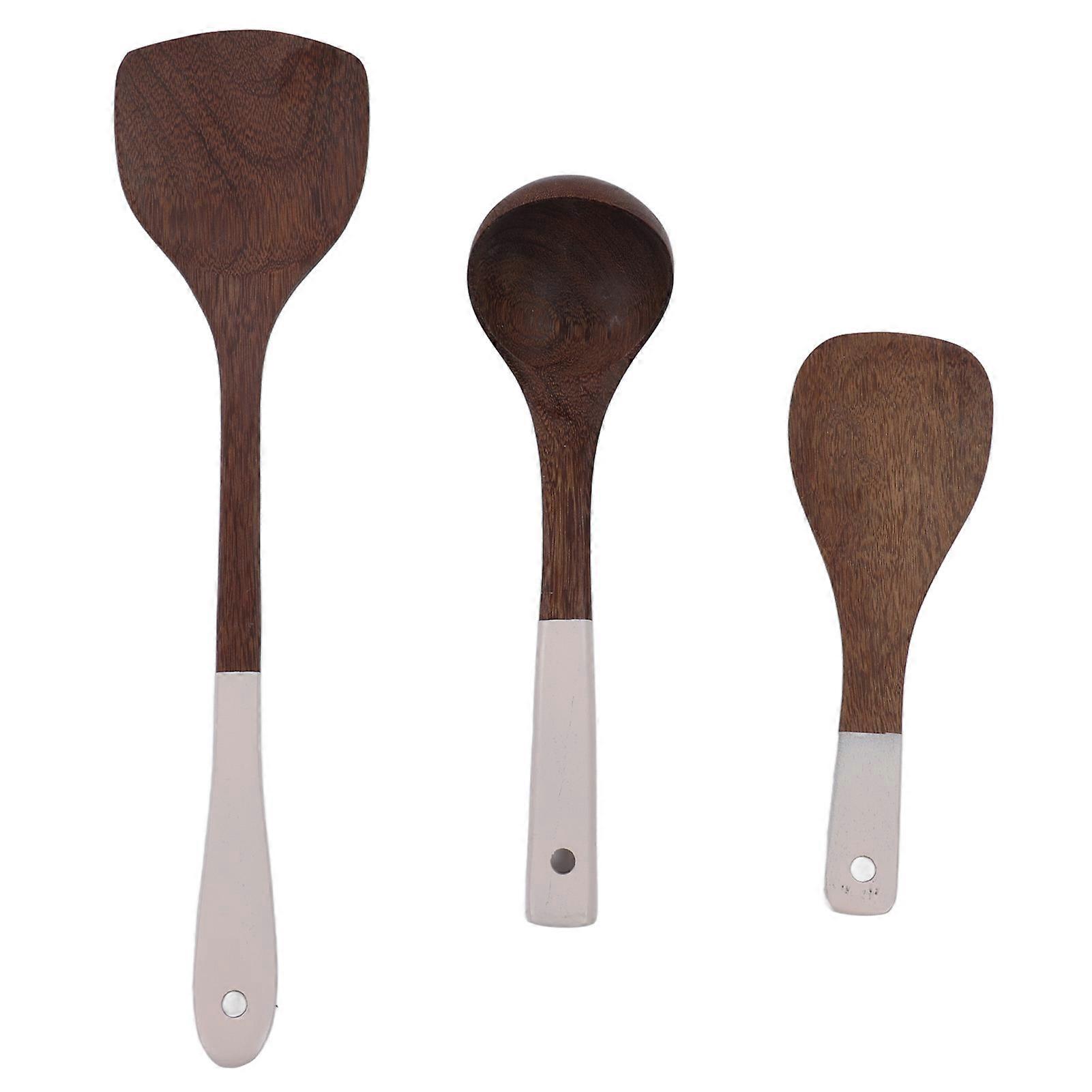 3 Piece Set Wood Utensils Set Wenge Long Handle Spatula Spoon Set Nonstick Idyllic Style Wooden Cooking Utensils for Cook