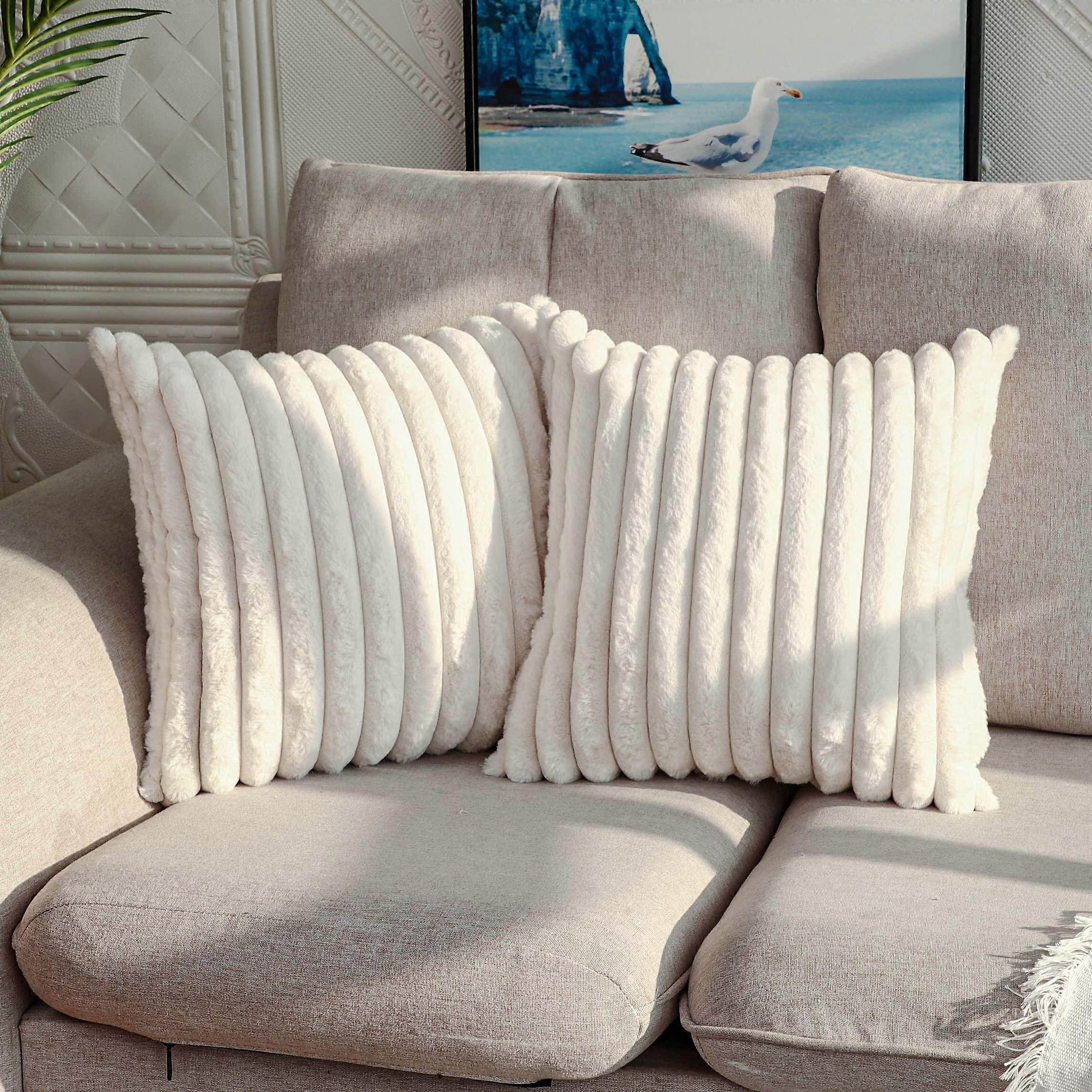 2 Pack Faux Fur Plush Decorative Throw Pillow Covers for Sofa Fuzzy Striped Soft