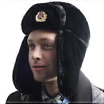 Russian trapper hat with Soviet insignia faux fur Ushanka Cossack hat One size black