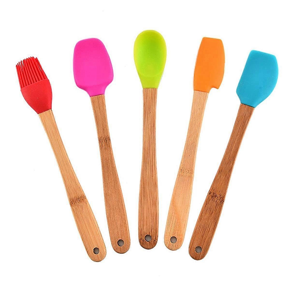 Wooden Shell Mini Spatula Set with Silicone Brush and Spoon, 5-Piece Cooking Utensils, Wooden Handle, Kitchen Accessories
