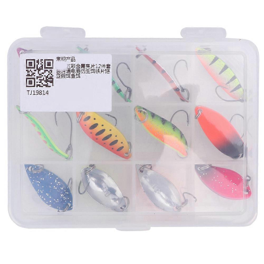 12Pcs Metal Multicolor Baits Lightweight Pattern Fishing Sequins Hard Lures with Hook Box