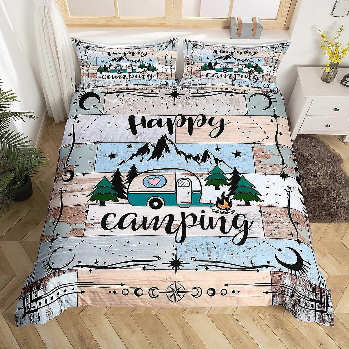 Camping Decor for Camper Duvet Cover Lodge Camp Cabin Travel Car Bedding Set, Happy Glamping
