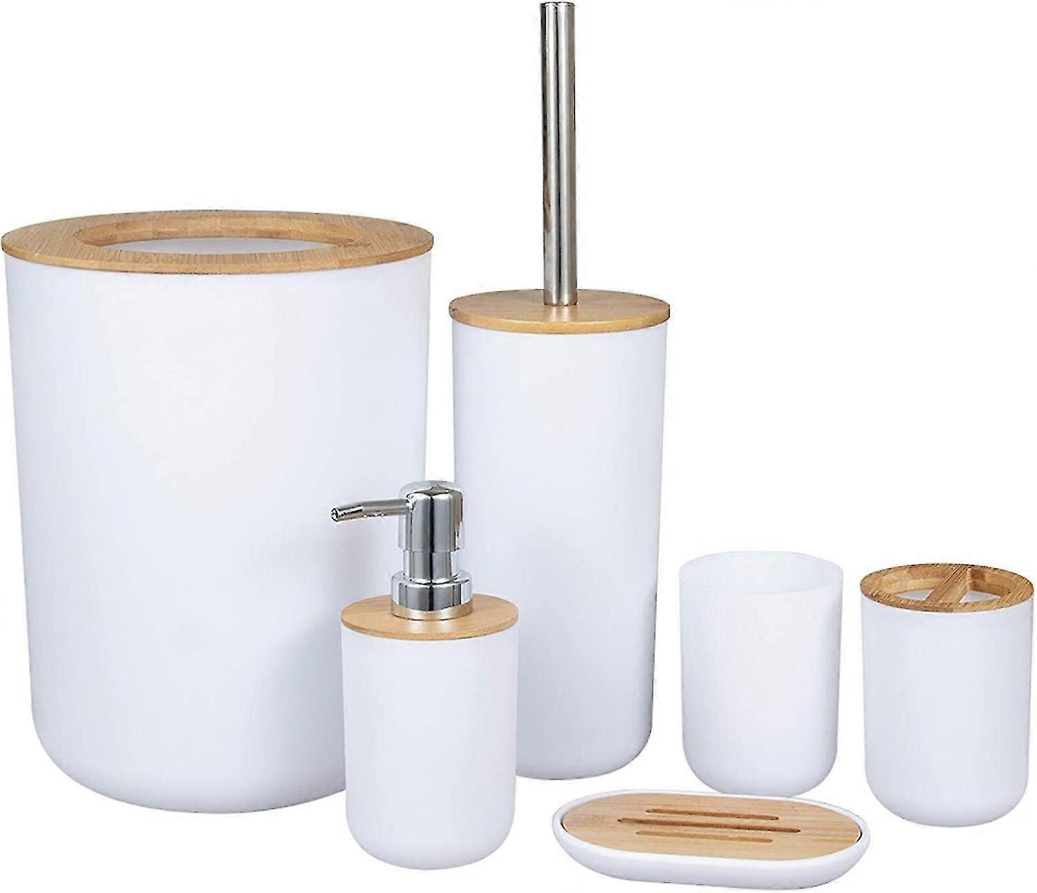 バスルームアクセサリーセット - 竹の木製バスルームアクセサリーセット、トイレブラシ、石鹸ディスペンサー、歯ブラシホルダー、石鹸皿
