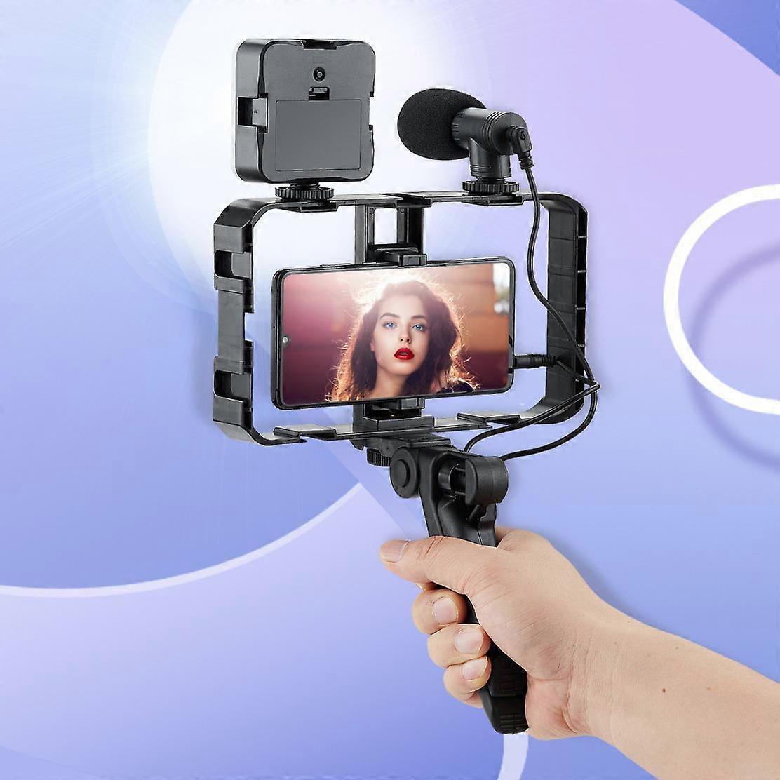Smartphone Cage Stabilizer with Microphone & LED Fill Light - Anti-Shake Handheld Gimbal for Vlogging AY-49B