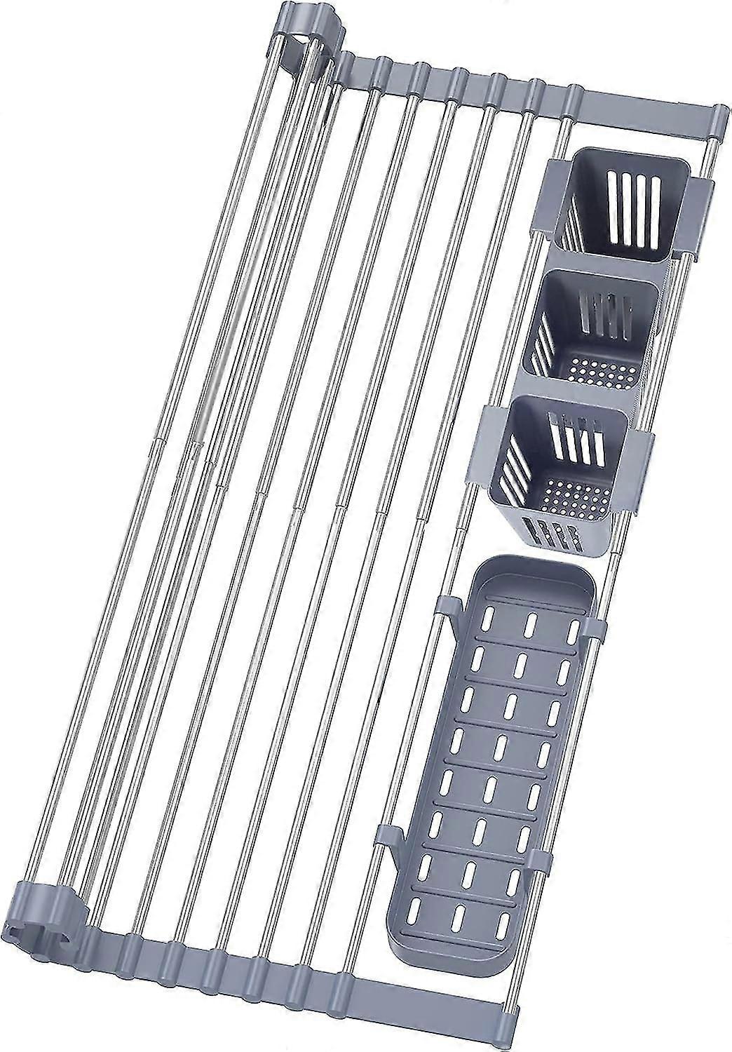 Expandable Roll Up Dish Drying Rack Up To 22.8''with 2 Storage Baskets,over The Sink Kitchen Rolling Up Dish Drainer Dish Drying Rack In Sink, Foldabl