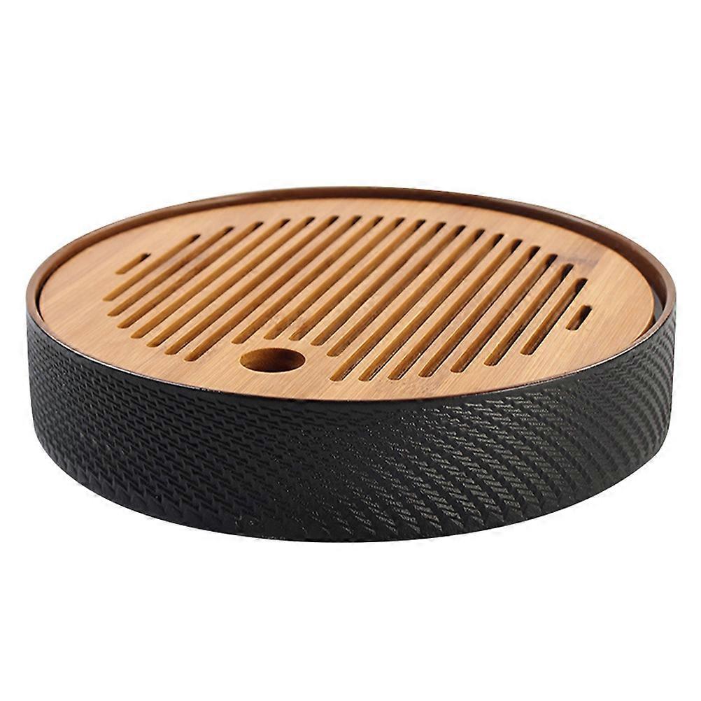 and Ceramic Double Layers Drain Tray for Kitchen Use Black Round Tray