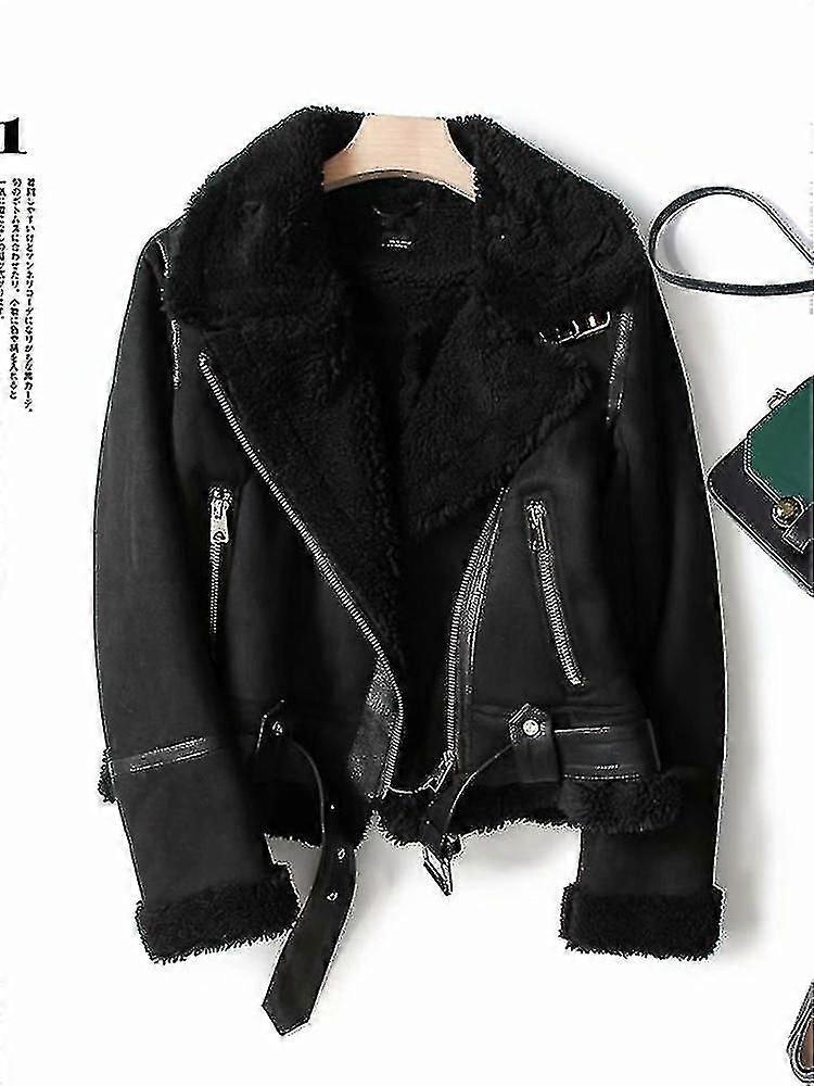 Jaqueta Curta de Inverno para Mulheres com Pele de Carneiro Falsa e Camurça Curta Marrom