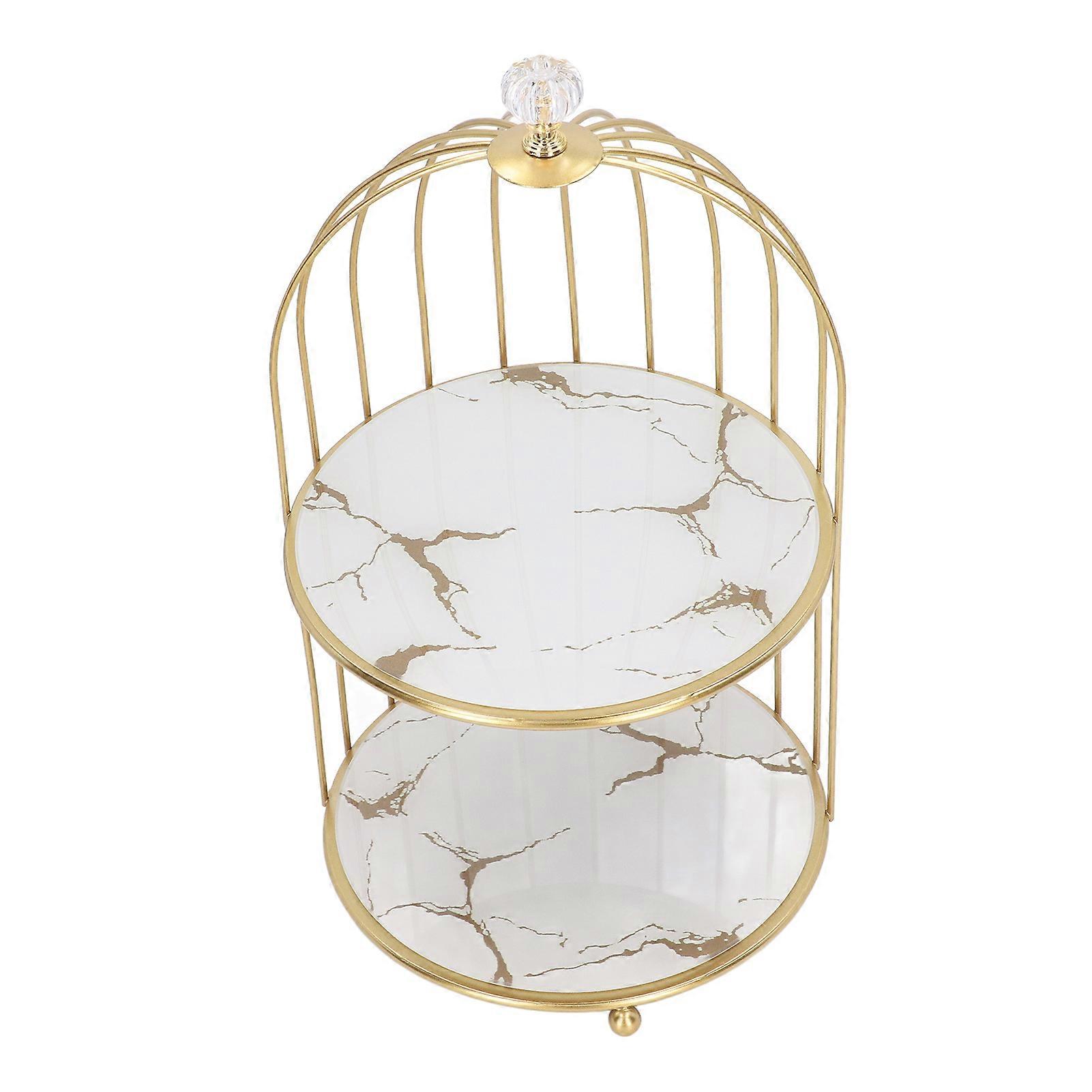 Double Layer Storage Shelf Bird Cage Organizer Display Rack for Bathroom Countertop Dressing Table Gold Frame White Base Gold Pattern 