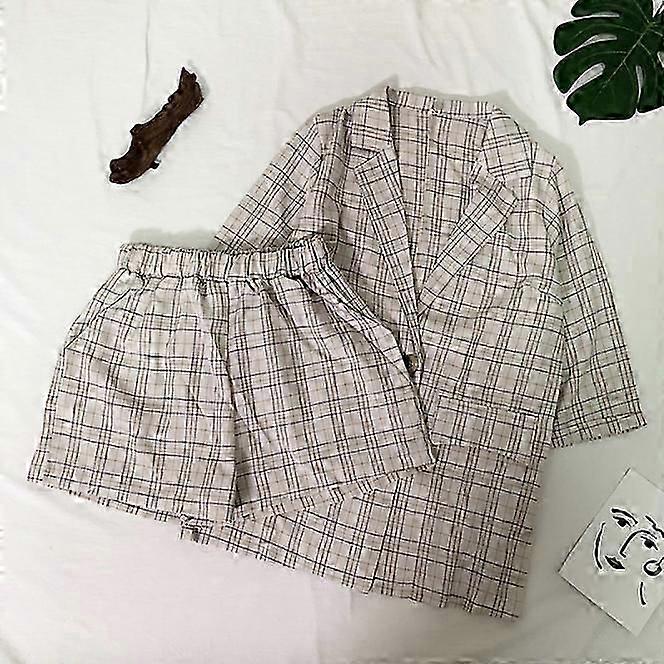 Casual lattice suit jacket suit / female summer dress new French niche foreign age-reducing net red two-piece suit