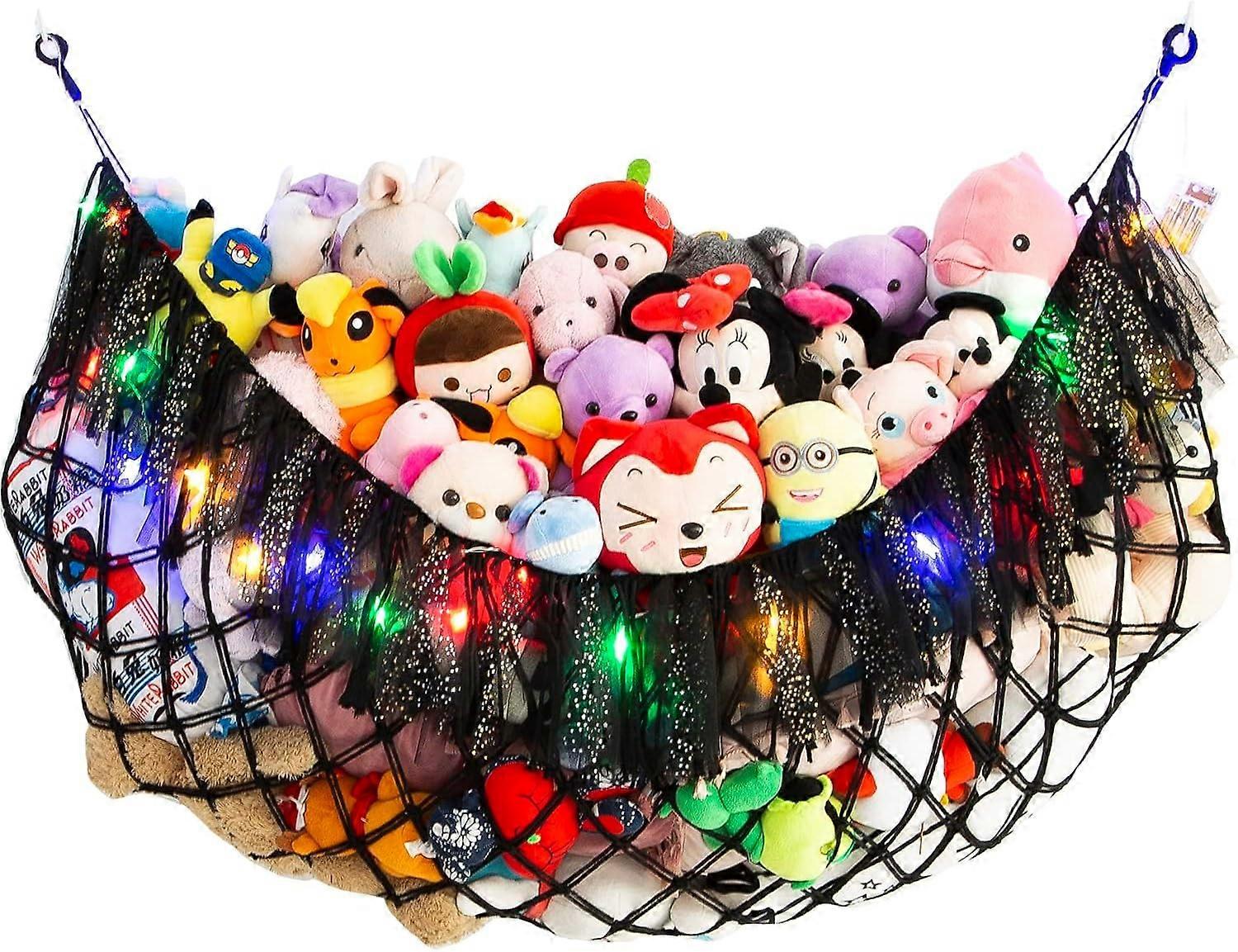 AURA Extra Large Stuffed Animal Hammock with Light ,Wall Mounted Soft Toy Organizer, Boho Macrame Hanging Net ,for Nursery Bedroom Black