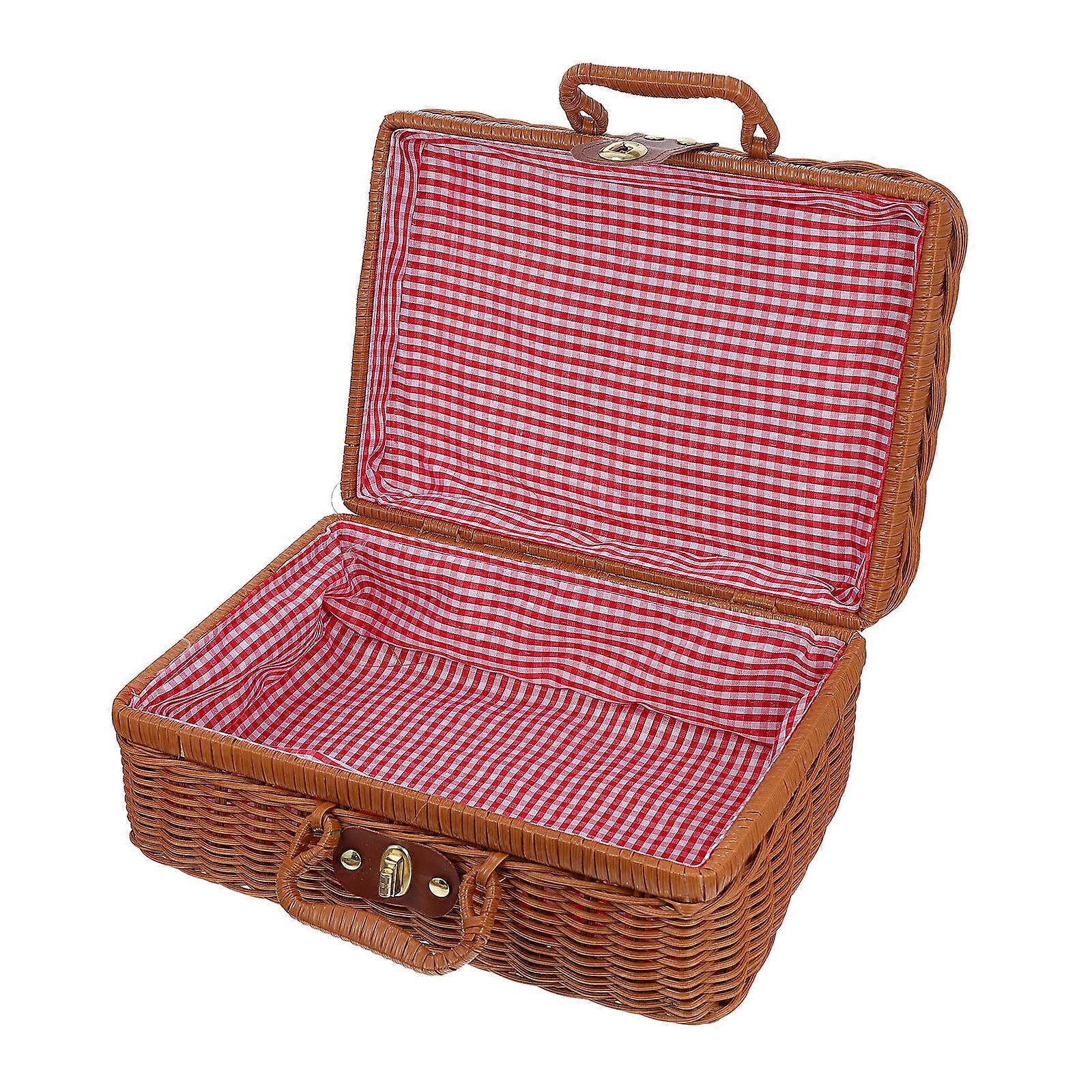 Imitation Rattan Suitcase Handwoven Storage Case Lock Design Adults Picnic Container Light Brown 30.00X21.00X13.00CM Protect Contents 1Pc