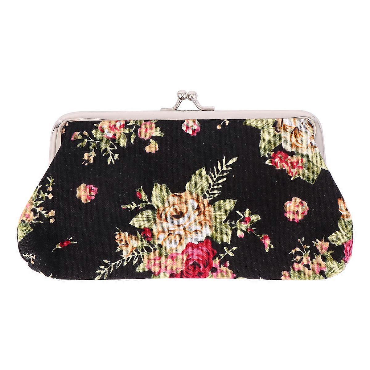 Retro Embroidered Canvas Wallet with Buckle Clutch Closure, Long Rose Pattern, Sturdy Coin Holder for Women