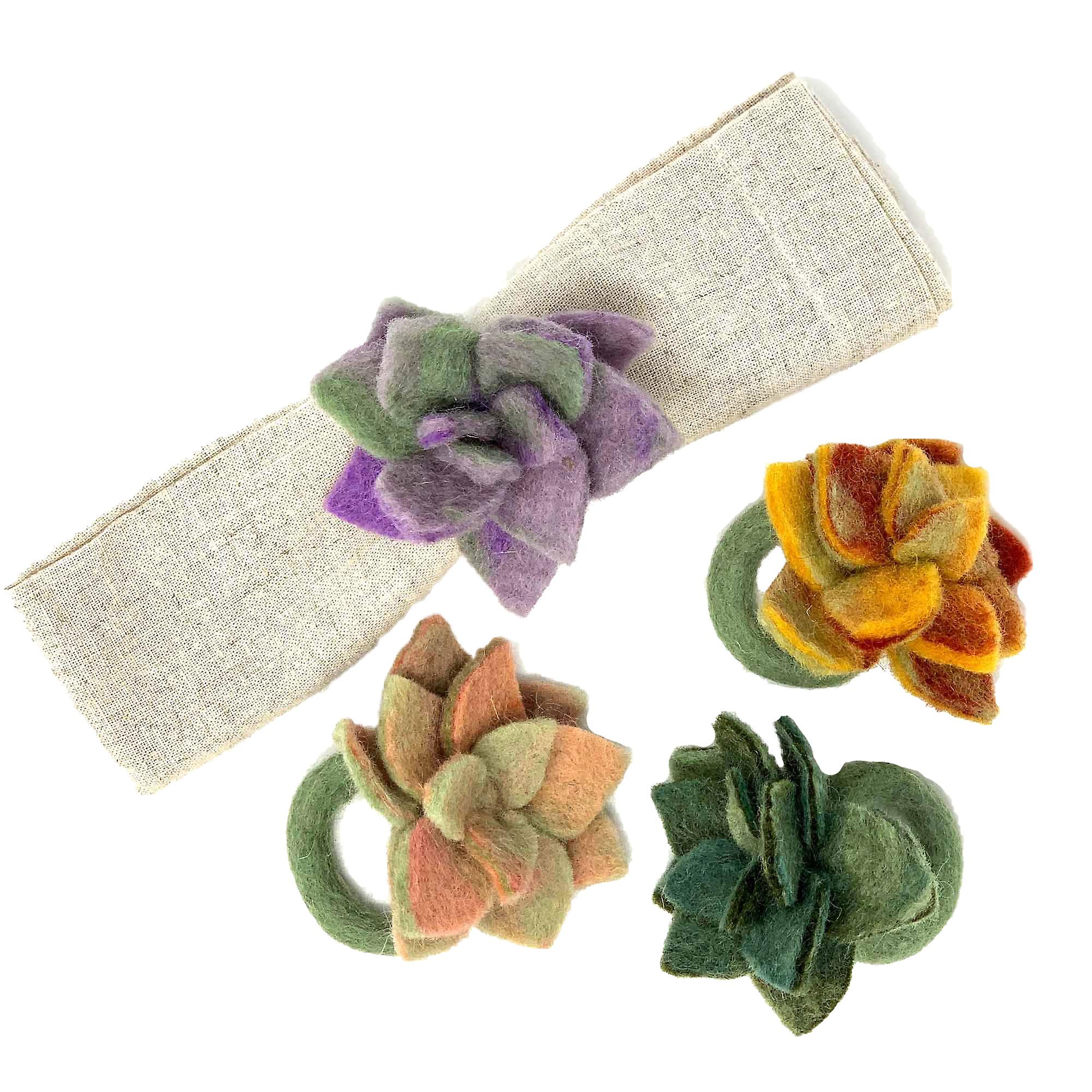 Hand-felted Succulent Napkin Rings, Set of Four Colors Global Groove T