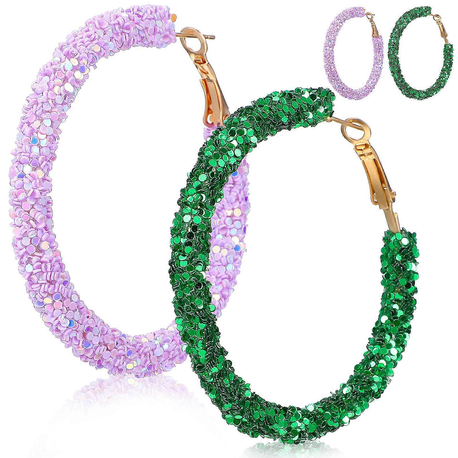 2 Pairs of Bohemian Glitter Circle Earrings Circle Statement Sequins Sparkly Hoop Earrings Exaggerated Ear Drops