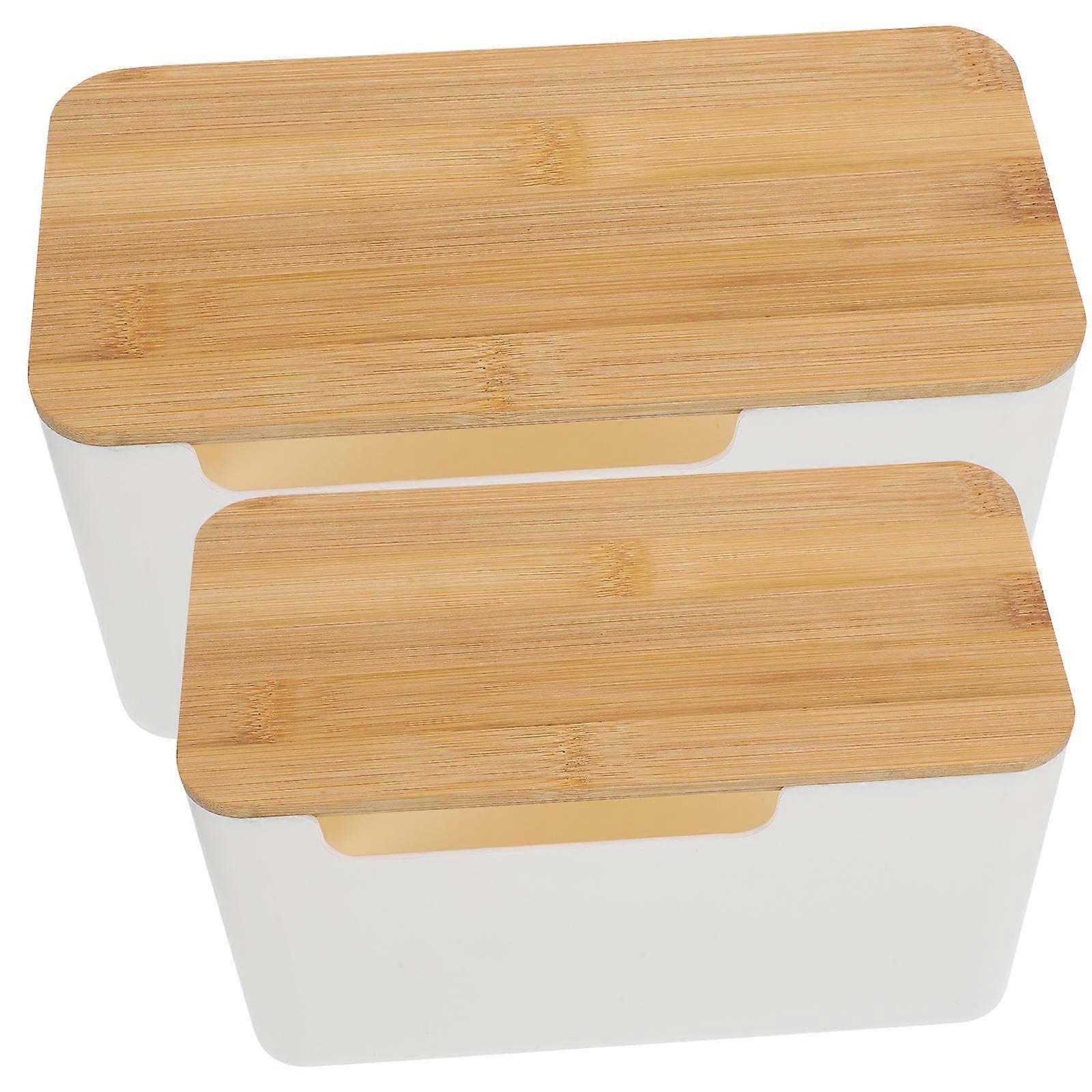 Bamboo Cable Management Box for Desk Use Simple White Cord Organizer with Detachable Design 2Pcs
