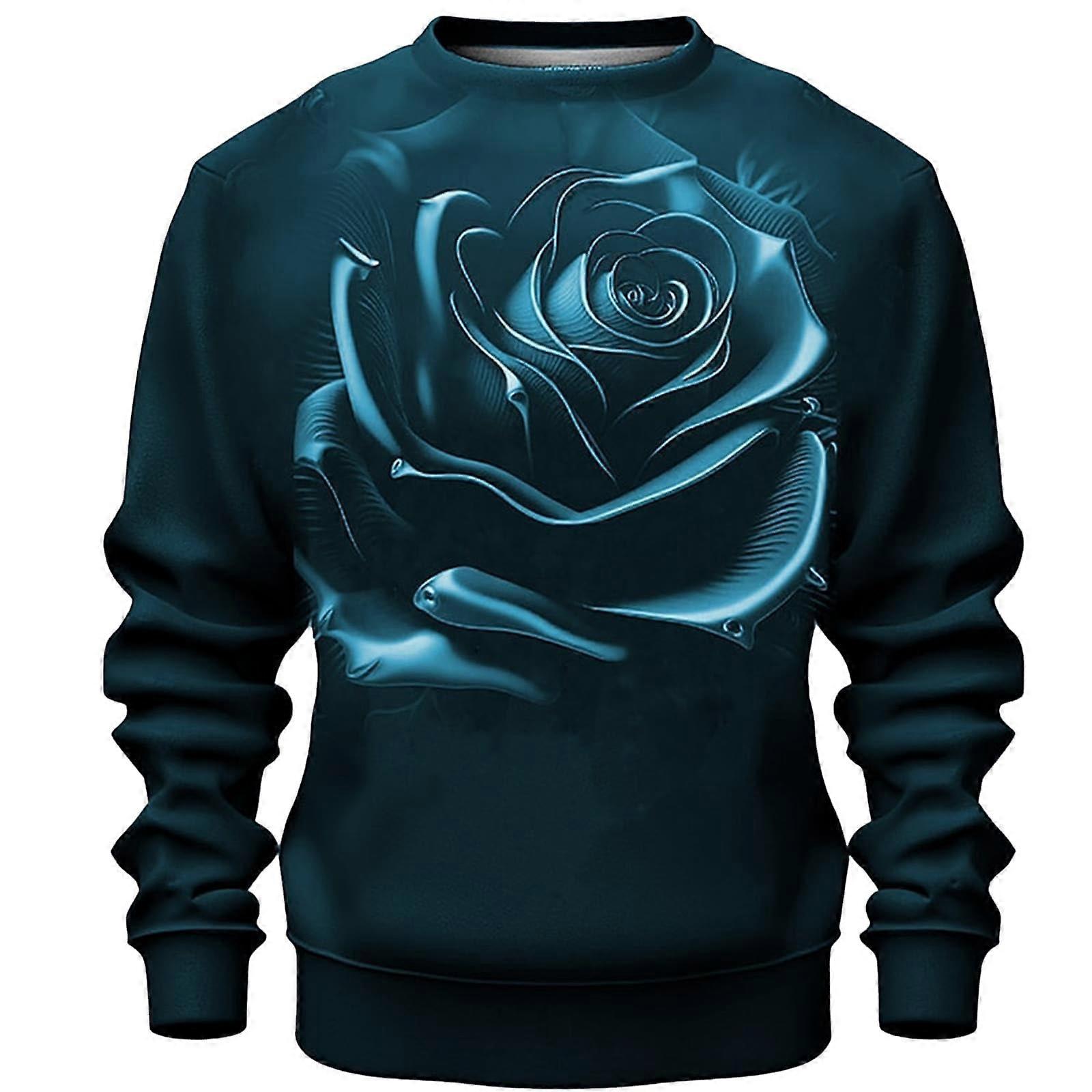 Unisex Pullover Sweatshirt 3D Flower Print Long Sleeve With Drawstring Kangaroo Pocket Blue XL