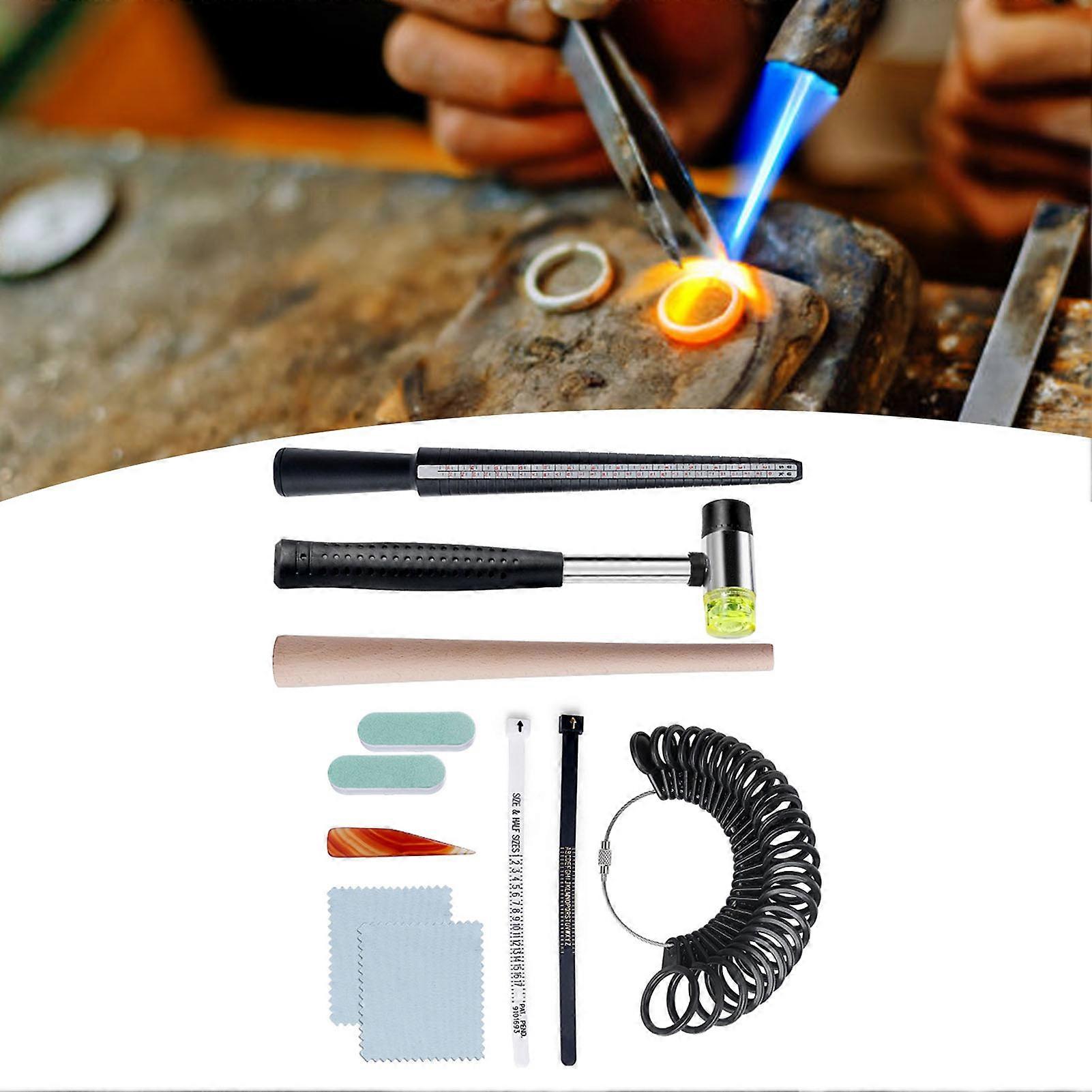 11 Pcs Universal Ring Sizer Measuring Tool Set Ring Polishing Ring Rod Rubber Hammer Finger Size Measuring Tool 